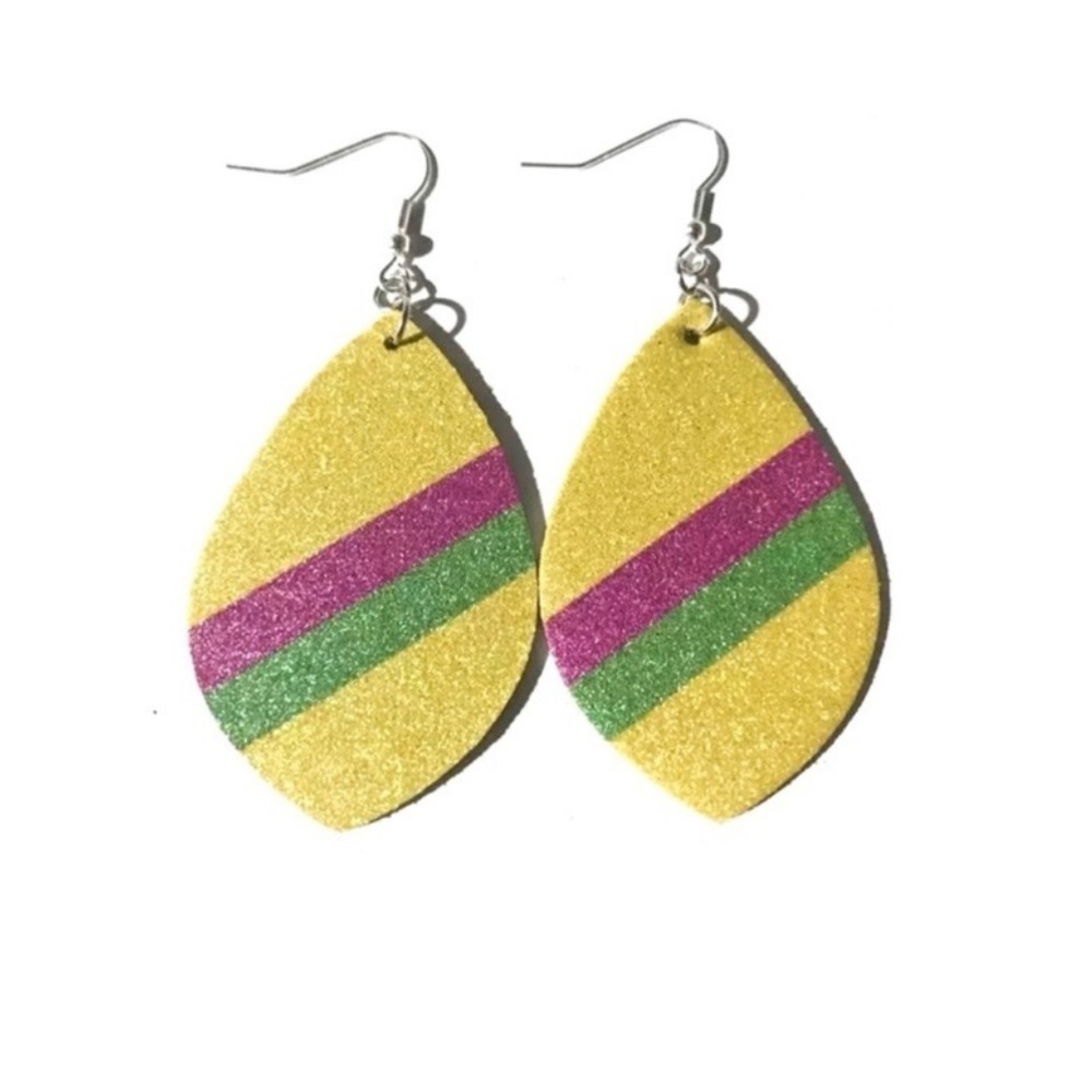 🎭 Yellow Mardi Gras Glitter Faux Leather Teardrop Earrings – Purple, Green, Gold